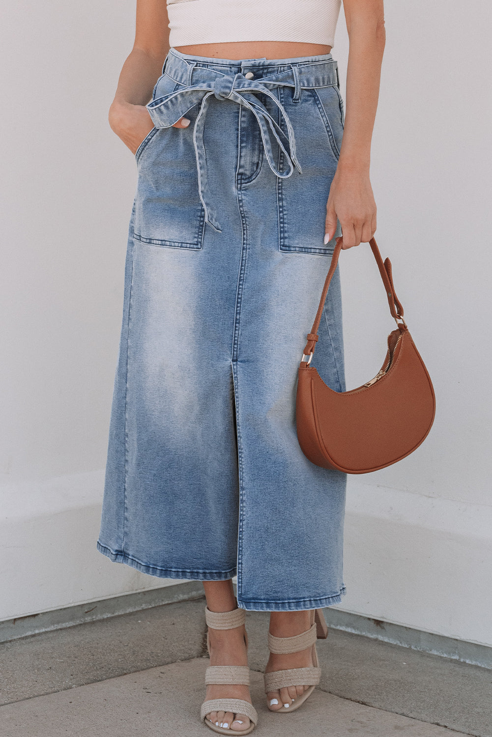 Dusk Blue Light Wash Belted High Waist Midi Denim Skirt