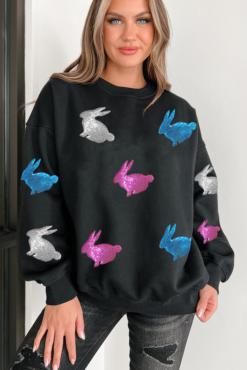 Black Easter Bunny Sequin Patched Drop Shoulder Sweatshirt