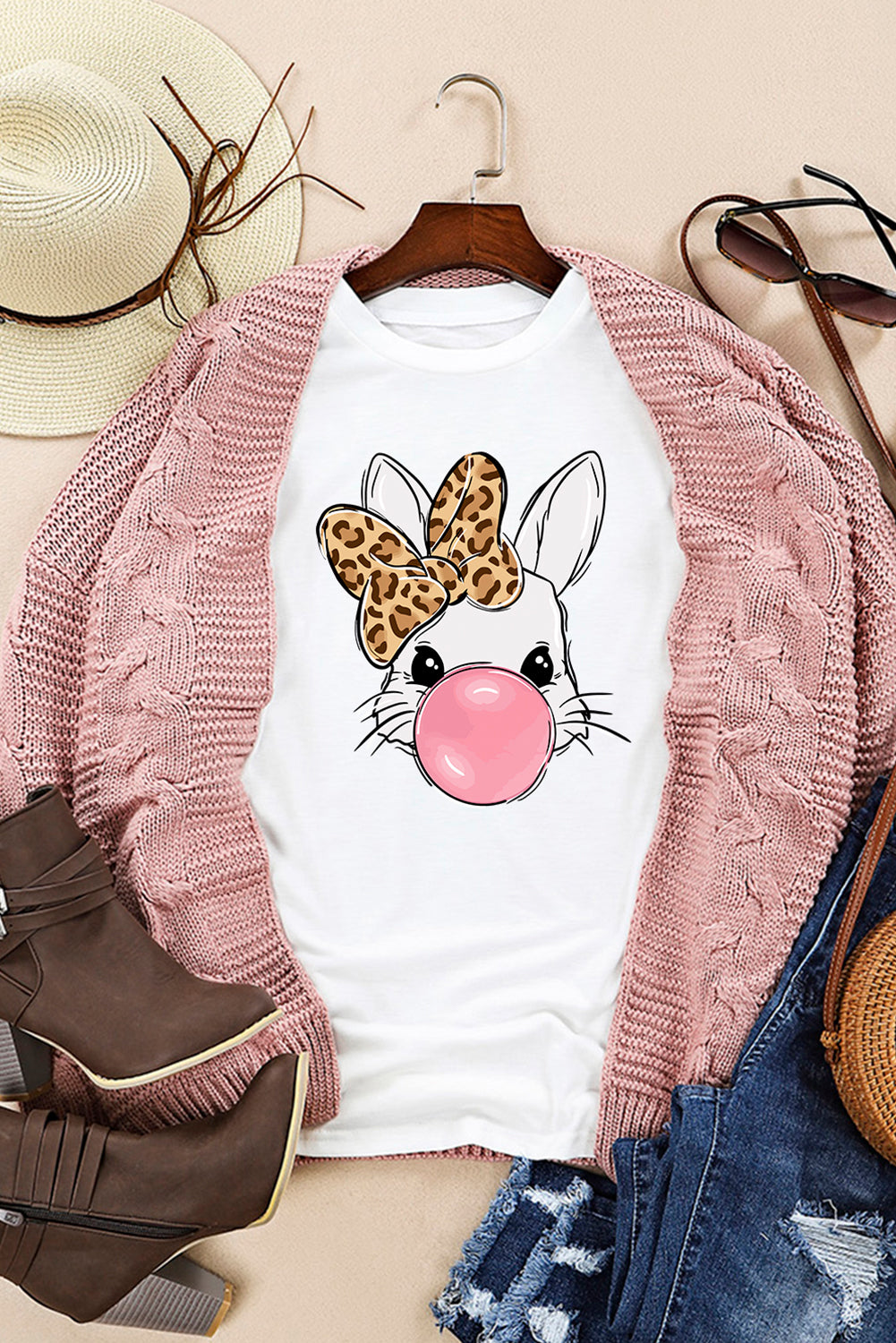 White Leopard Bow Bubble Rabbit Graphic Tee