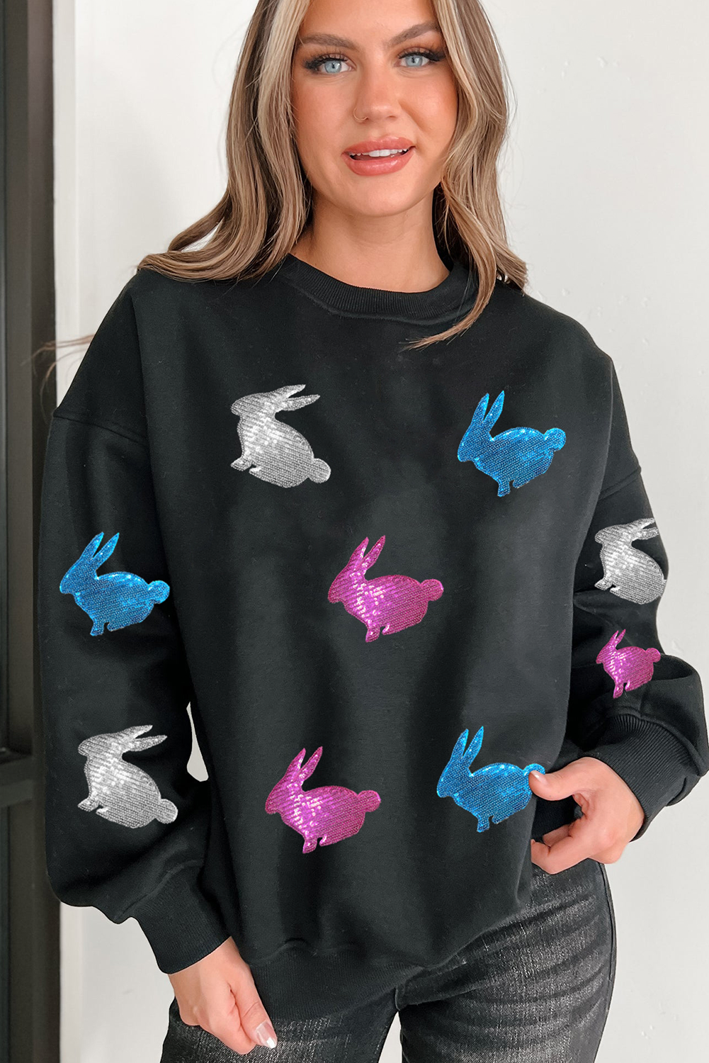 Black Easter Bunny Sequin Patched Drop Shoulder Sweatshirt