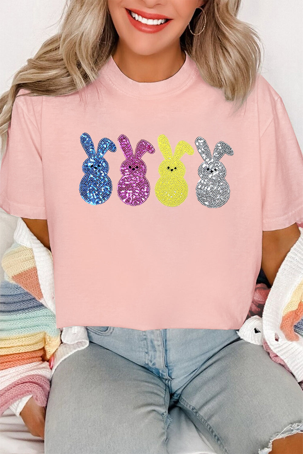 Pink Sequin Cute Bunny Graphic Easter Fashion Tee