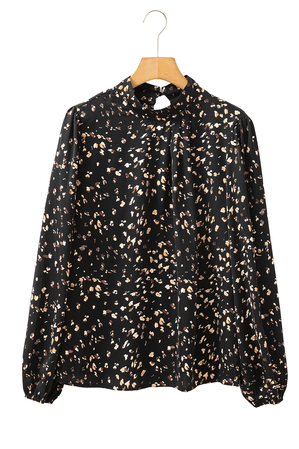 White Leopard Print Puff Sleeve Mock Neck Pleated Blouse
