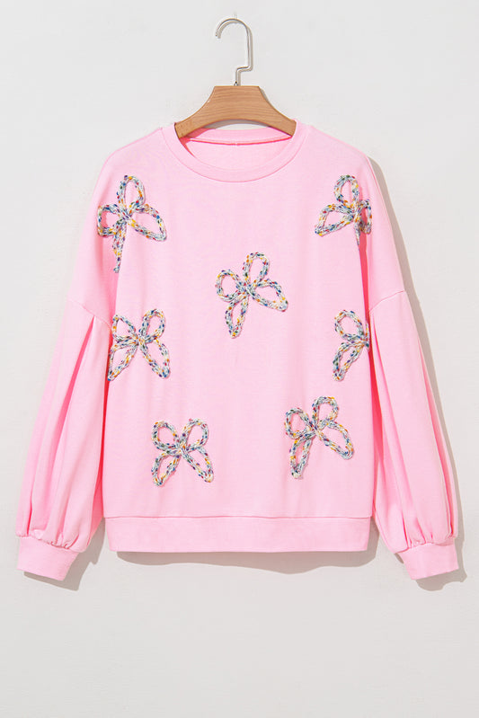 Light Pink Sweet Bow Lantern Sleeve Oversized Pullover Sweatshirt