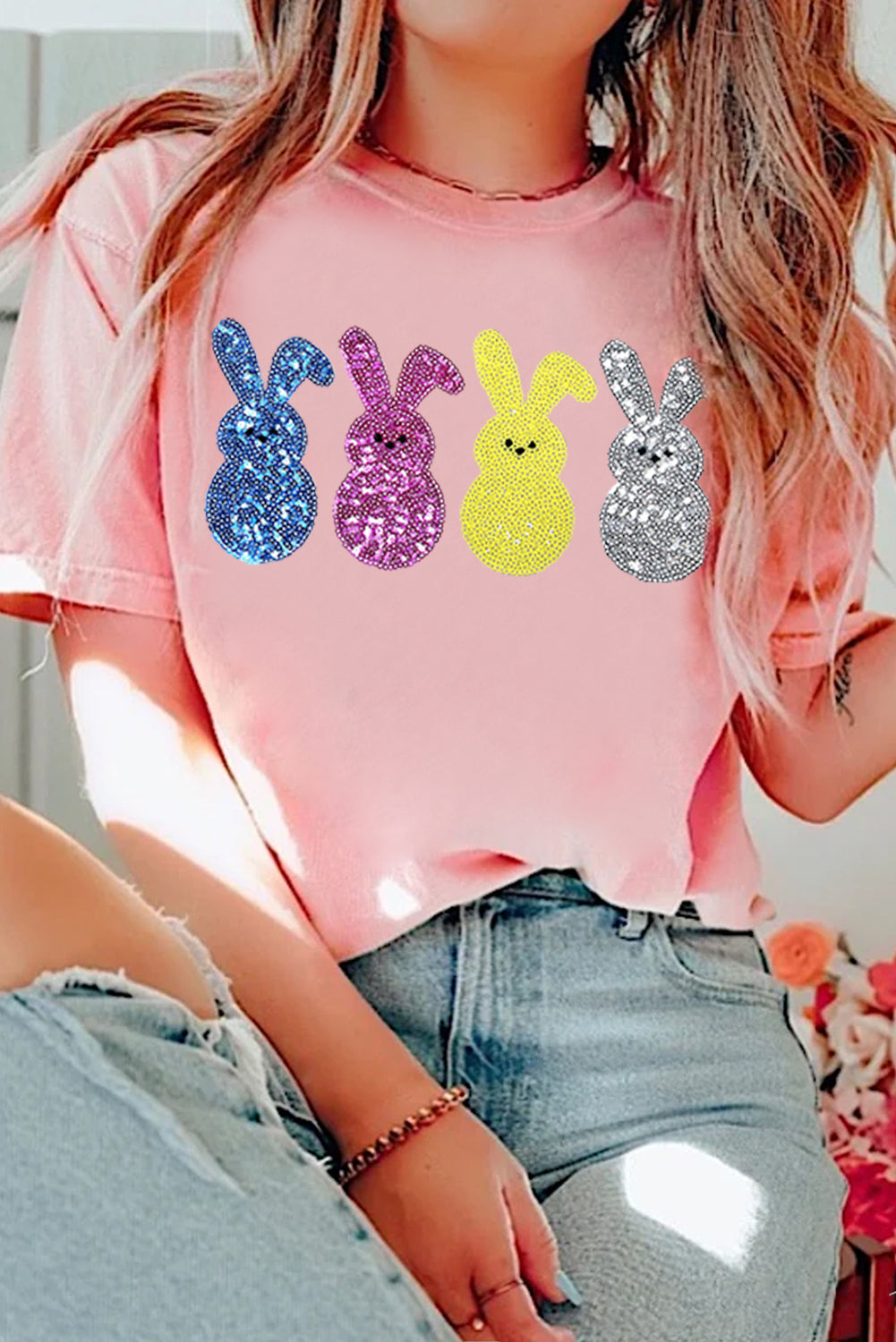 Pink Sequin Cute Bunny Graphic Easter Fashion Tee