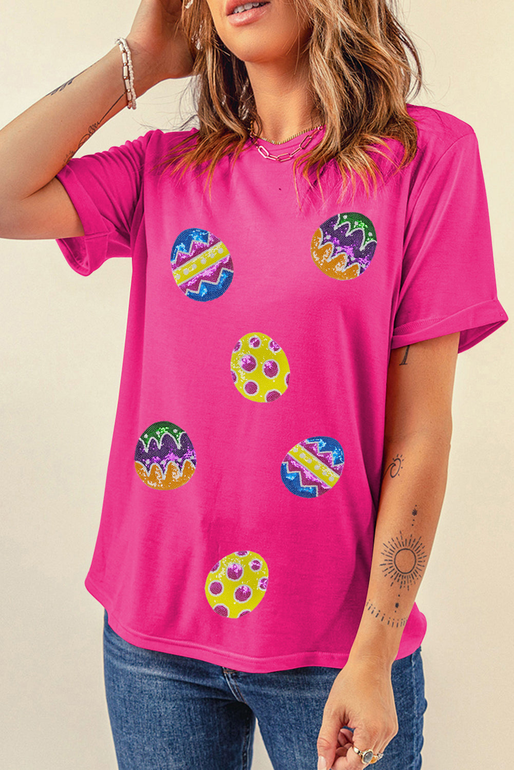 Rose Red Easter Eggs Patched Crew Neck Graphic Tee