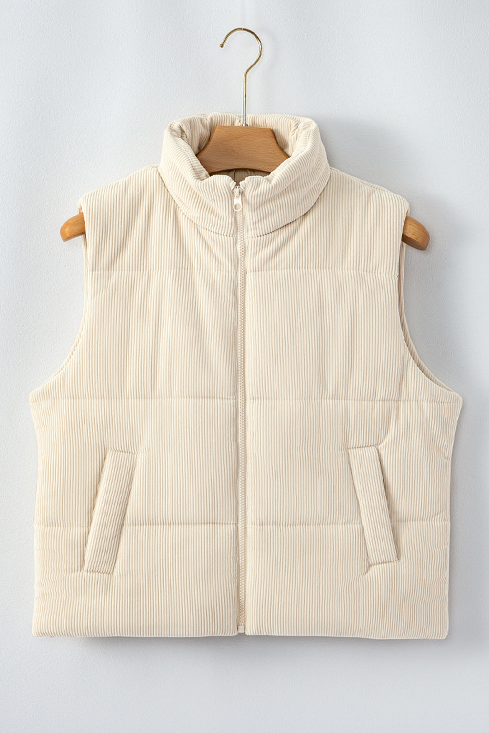 Coffee Solid Color Corduroy Puffer Vest Coat