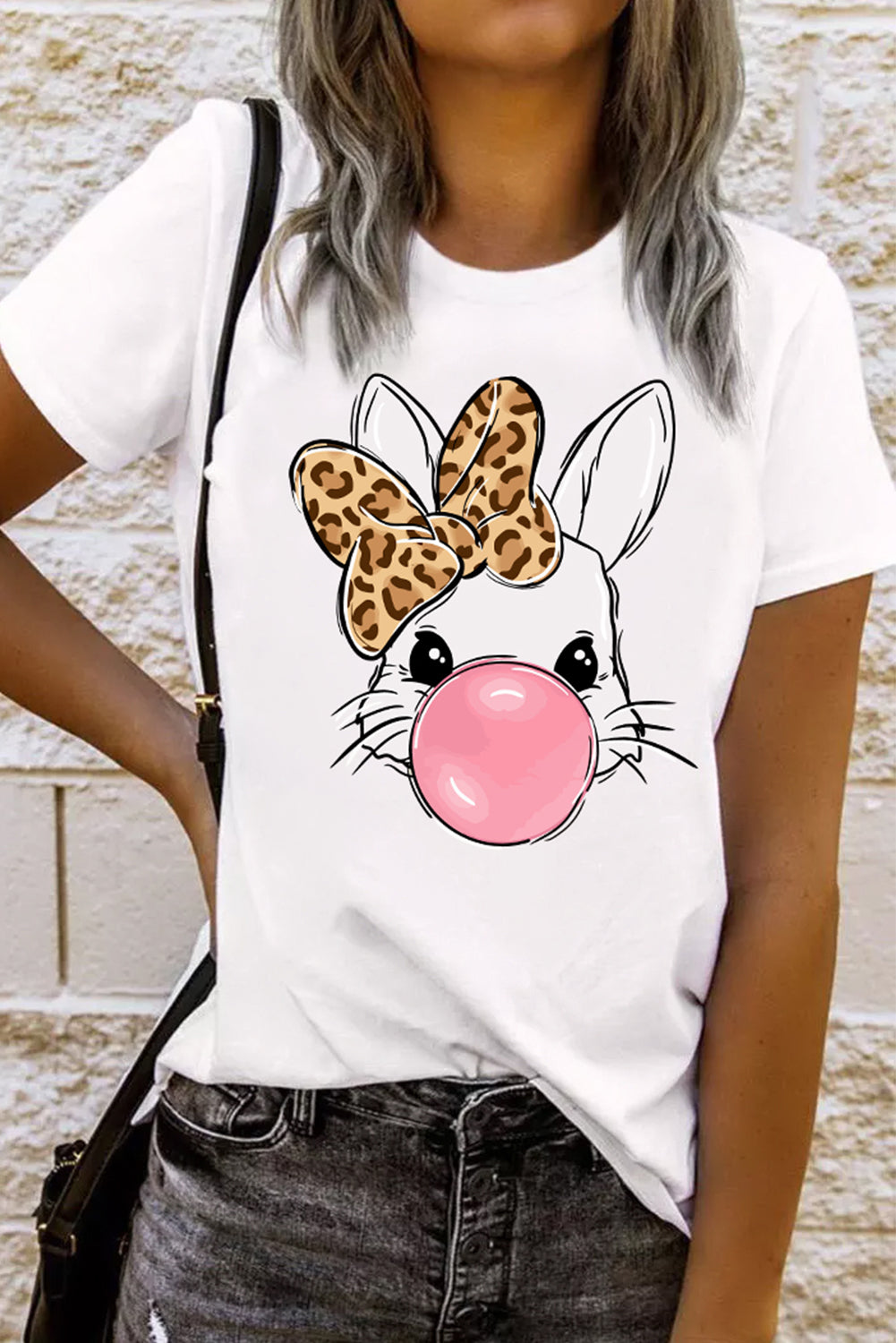 White Leopard Bow Bubble Rabbit Graphic Tee