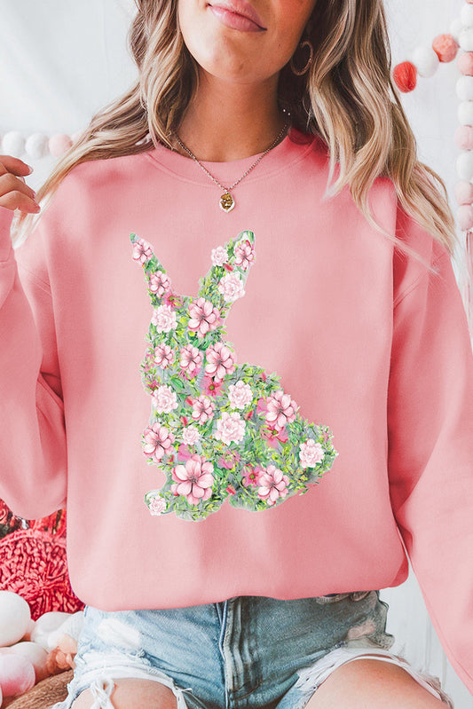 Pink Floral Bunny Printed Crewneck Easter Fashion Sweatshirt