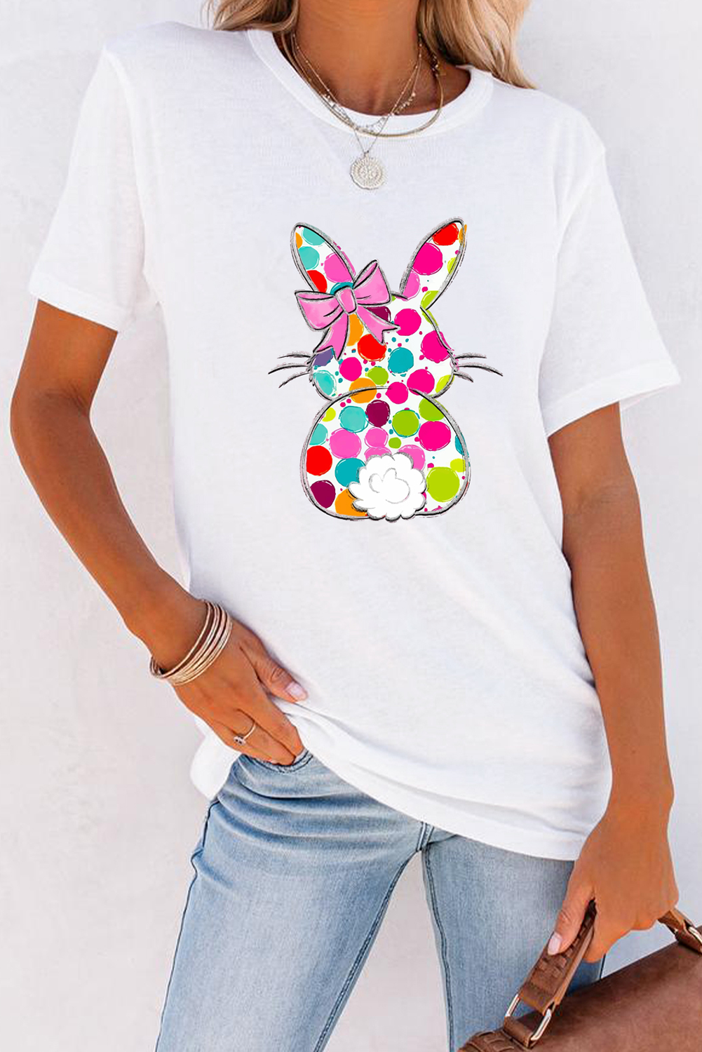 White Polka Dot Bow Rabbit Graphic Crewneck Easter Fashion Tee