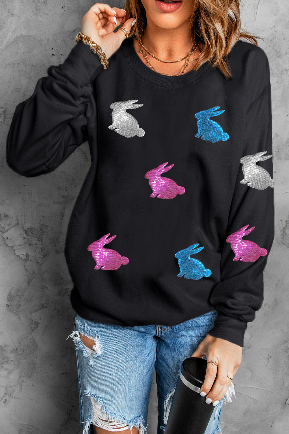 Black Easter Bunny Sequin Patched Drop Shoulder Sweatshirt