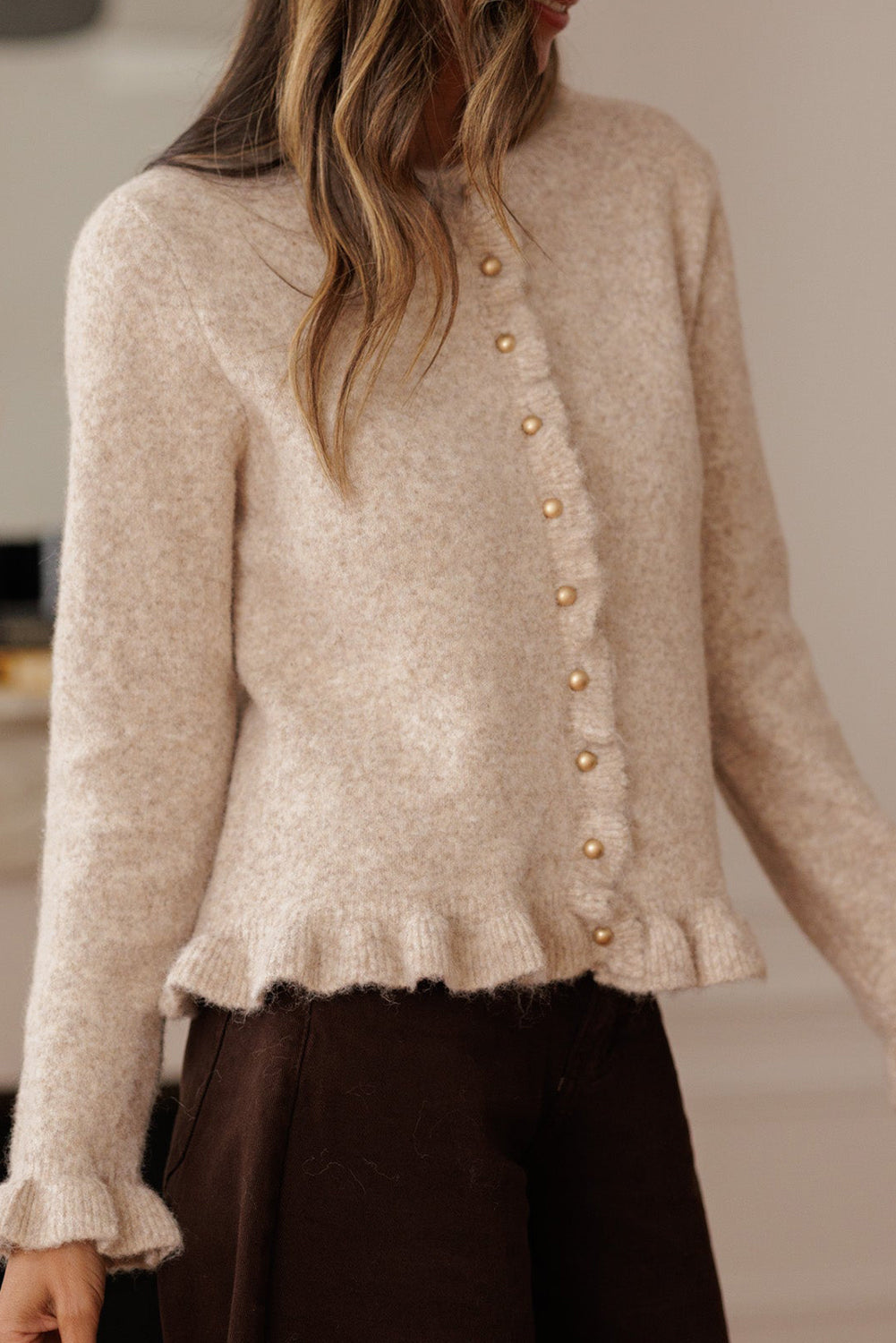 Oatmeal Ruffle Trim Gold Button Sweater Cardigan