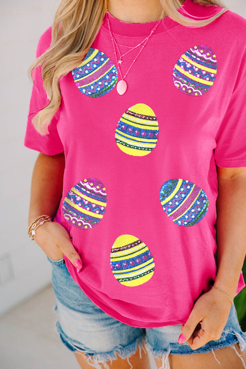 Rose Red Sequin Easter Egg Graphic Casual T Shirt