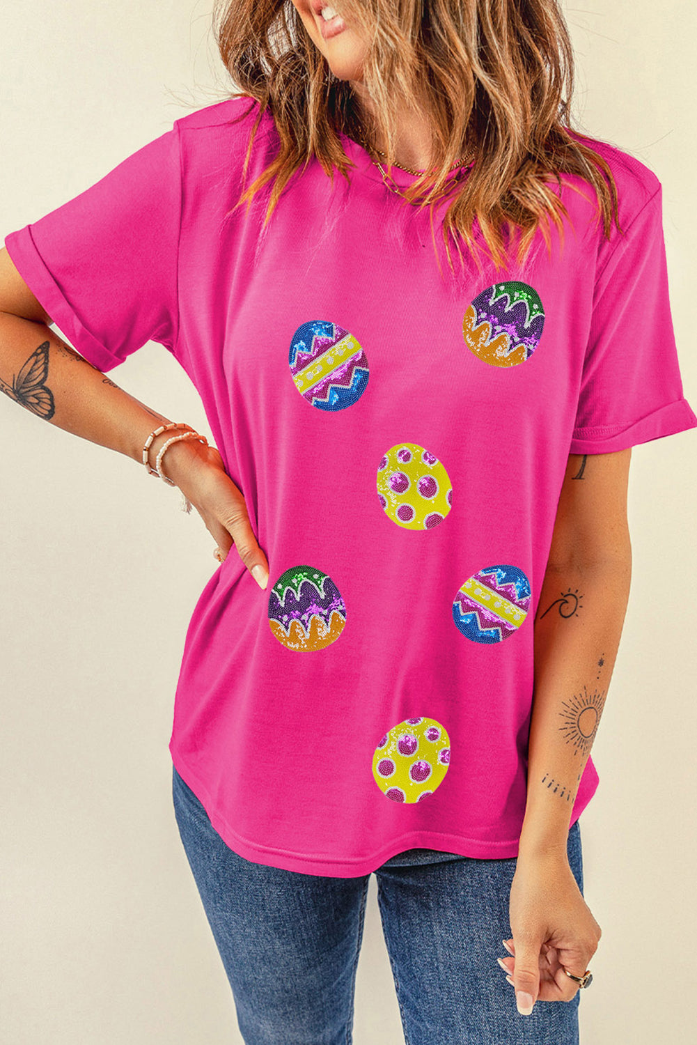 Rose Red Easter Eggs Patched Crew Neck Graphic Tee