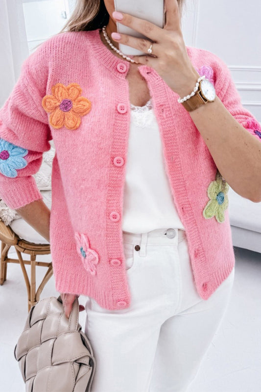 Pink Cute Flower Pattern Button-Up Cardigan