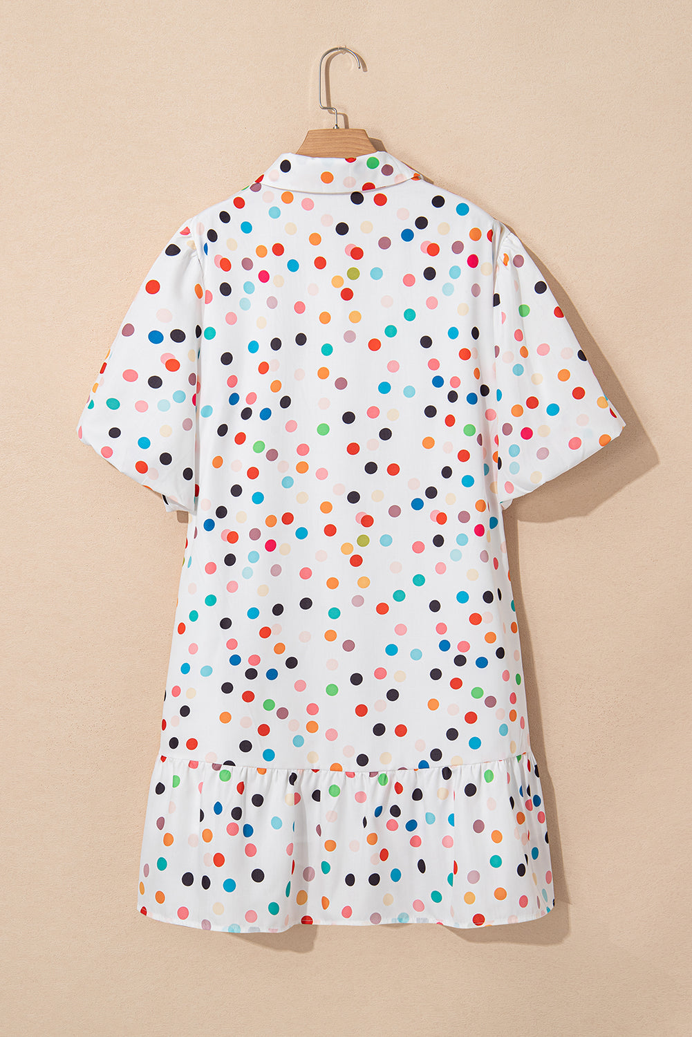 White Polka Dot Print Bubble Sleeve Button Up Plus Size Shirt Dress