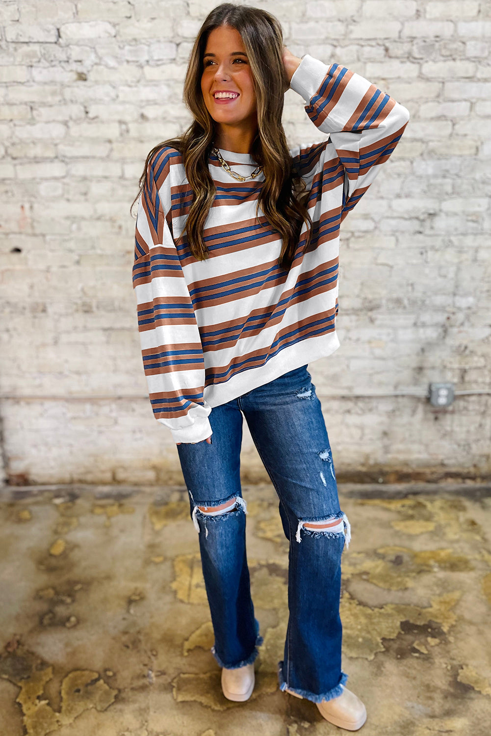 Khaki Striped Crew Neck Drop Shoulder Pullover Sweatshirt