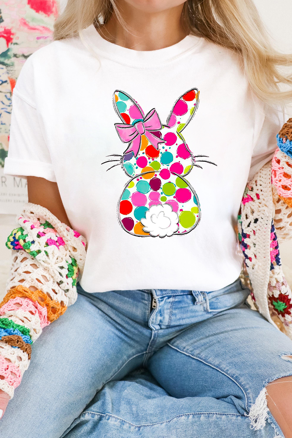 White Polka Dot Bow Rabbit Graphic Crewneck Easter Fashion Tee