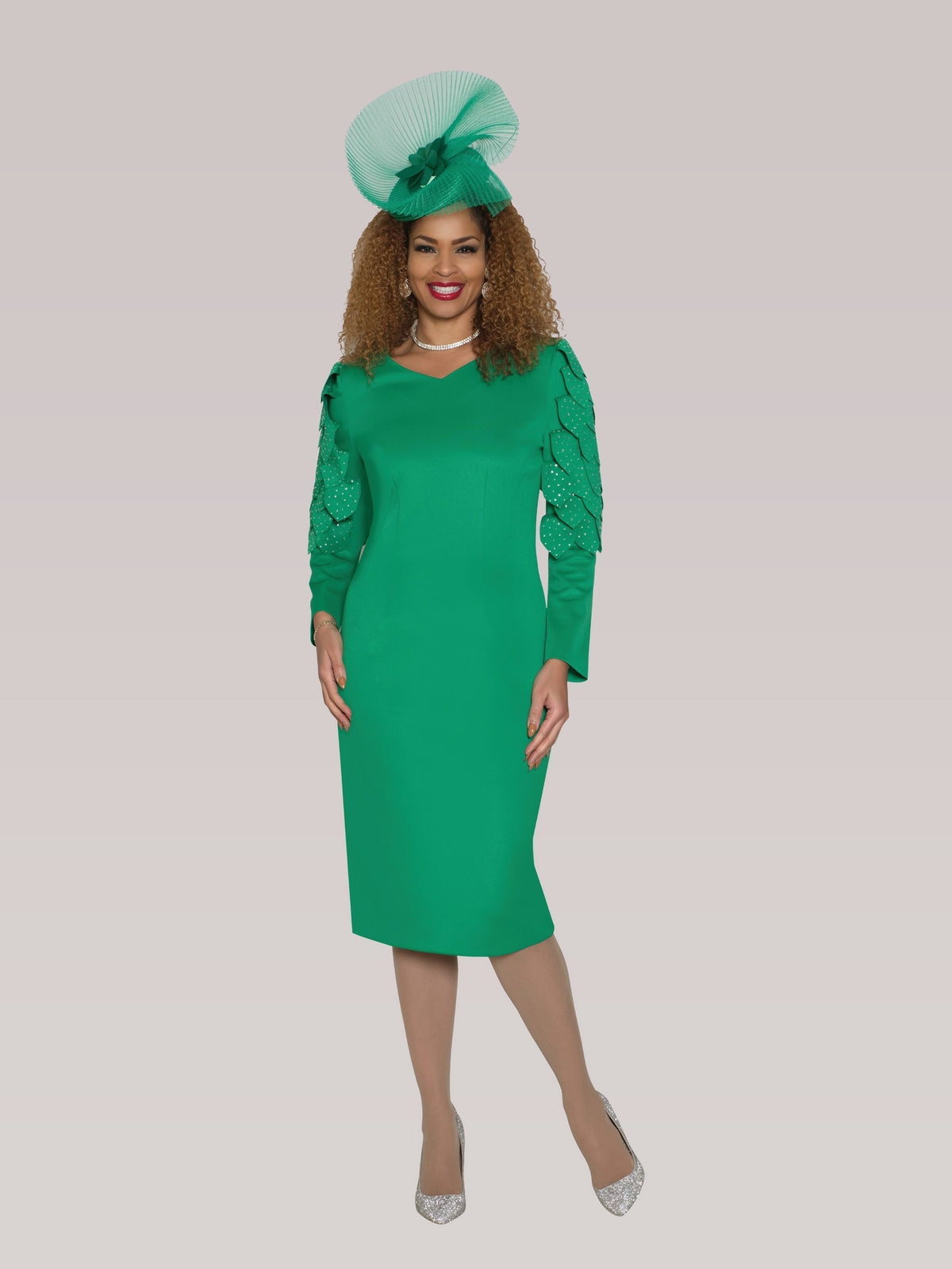 Ponte Knit Dress w/ Rhinestone Leaf Petal Shoulder 4901 LILY&TAYLOR