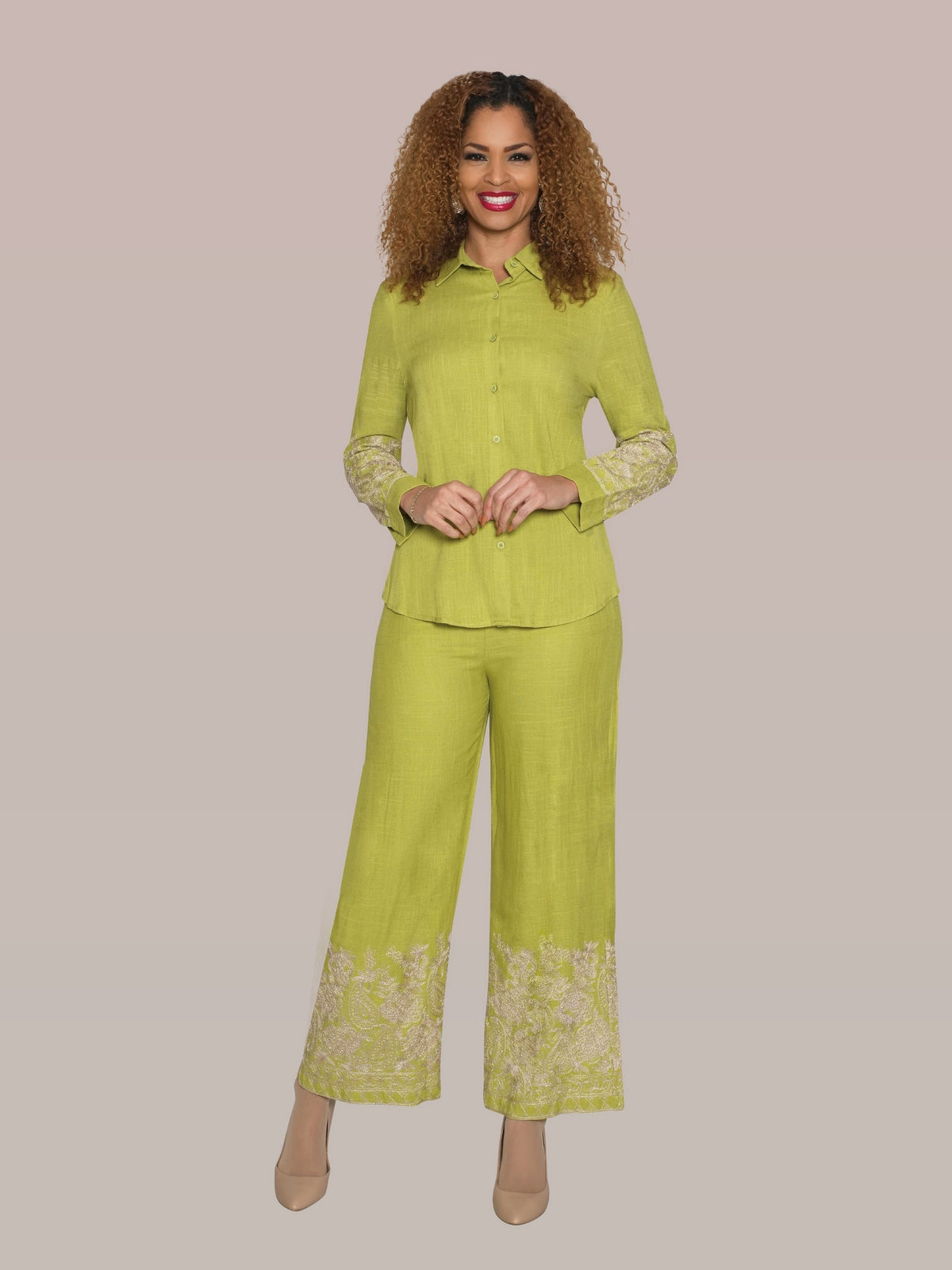 2-Piece Embroidery Pant Suit w/ Cuff Sleeves 5052 LILY&TAYLOR