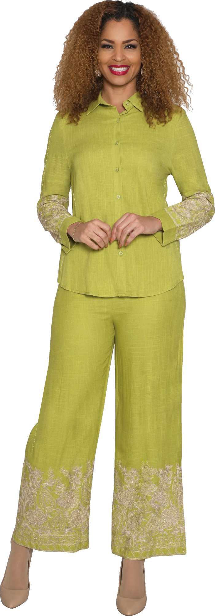 2-Piece Embroidery Pant Suit w/ Cuff Sleeves 5052 LILY&TAYLOR