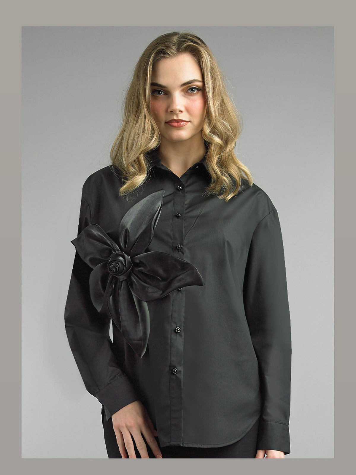Cotton Blend Blouse w/ 3d Front Flower Design S108 LILY&TAYLOR
